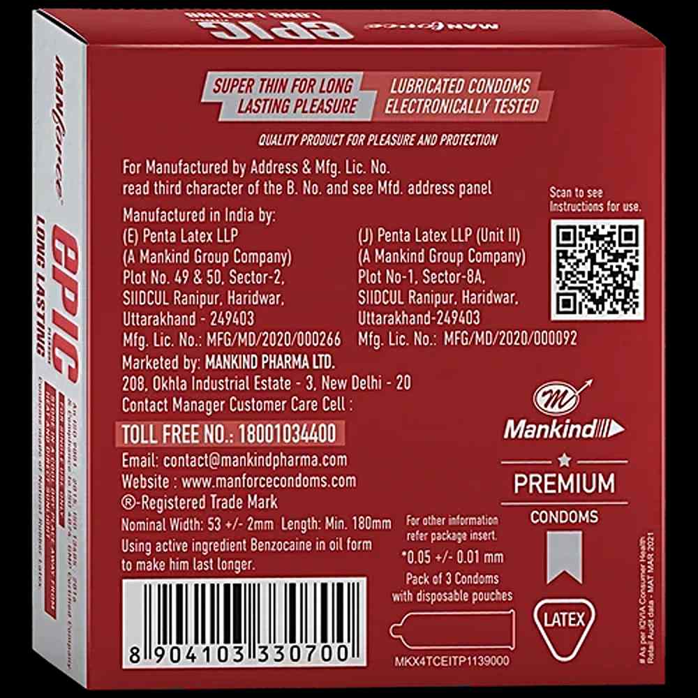Manforce Epic Pleasure Long Lasting Premium Condom for Men, Super Thin - Raspberry Flavour with Disposable Pouch (3 pcs)