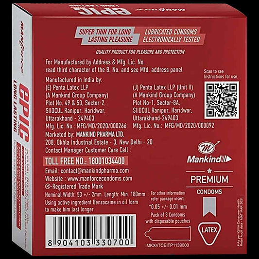 Manforce Epic Pleasure Long Lasting Premium Condom for Men, Super Thin - Raspberry Flavour with Disposable Pouch (3 pcs)