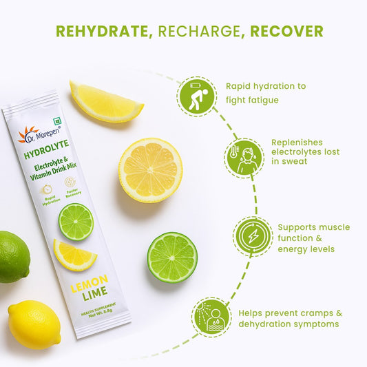 Dr. Morepen Hydrolyte Electrolyte & Vitamin Drink Mix for Rapid Hydration & Faster Recovery, Lemon Lime Flavour  10 Sachets (8.8g Each)