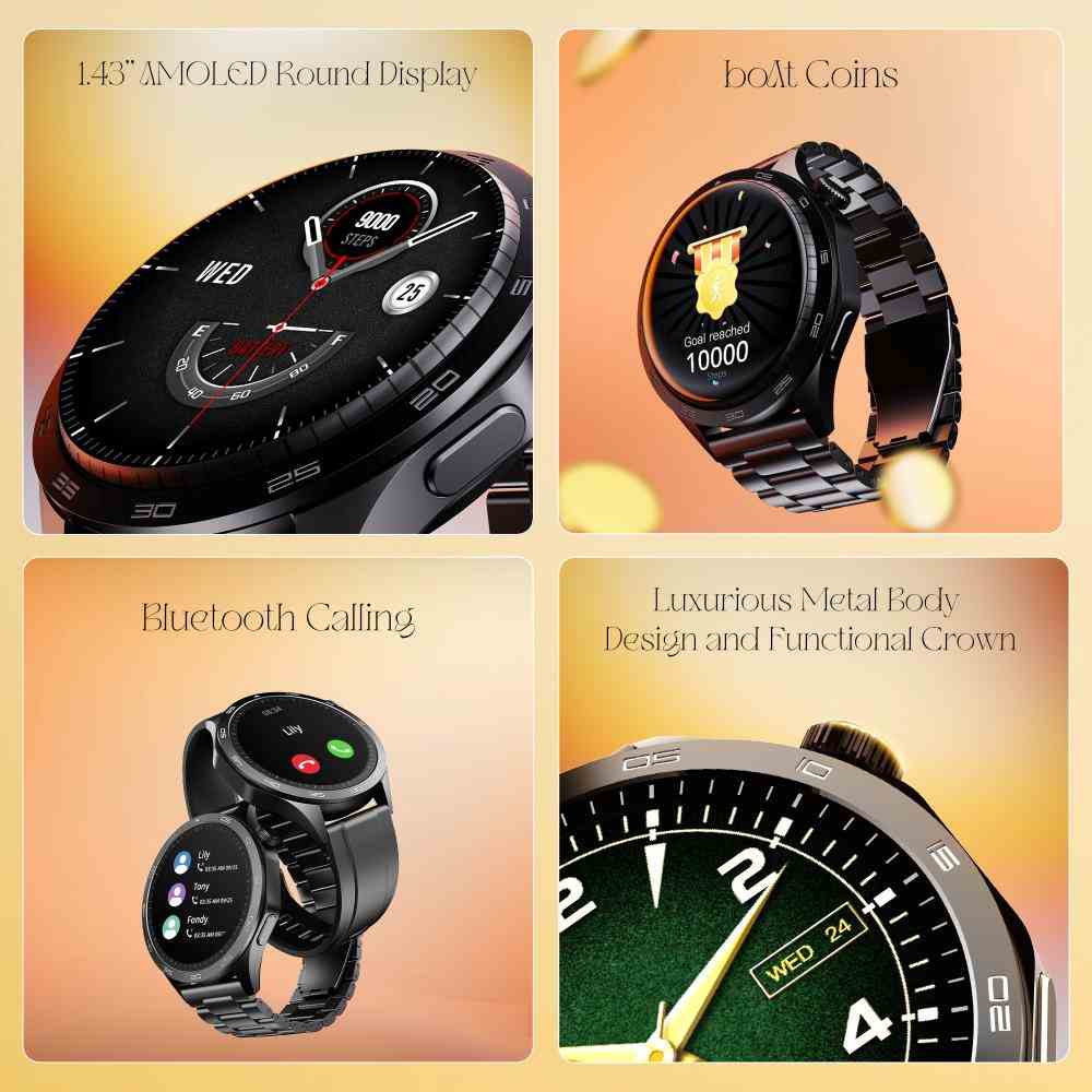 boAt Enigma Radiant Men's Luxury Watch w/Functional Crown,Bluetooth Calling, Upto 6 Days Battery, Sports Modes, Guided Breathing, 1.43"(3.63 cm) AMOLED Display Fitness Smart Watch (Metal Black)