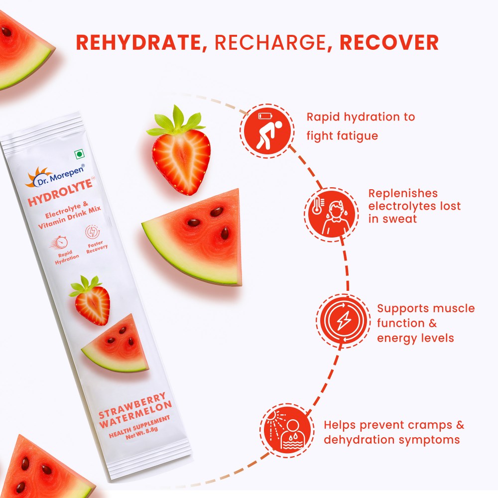 Dr. Morepen Hydrolyte Electrolyte & Vitamin Drink Mix for Rapid Hydration & Faster Recovery, Strawberry Watermelon Flavour  10 Sachets (8.8g Each)