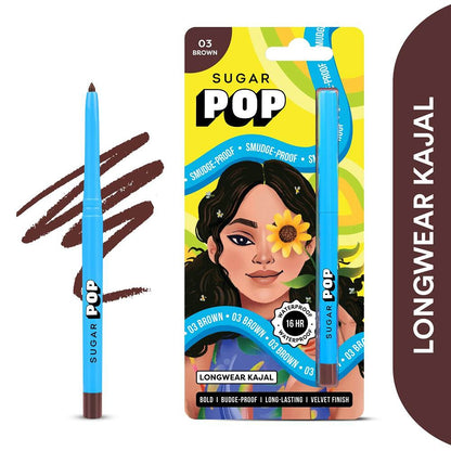 SUGAR POP Longwear Kajal - 03 Brown Richly Pigmented - Sweat Proof - Lasts Up To 16HRS