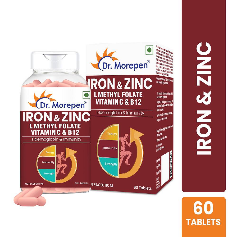 DR. MOREPEN Iron & Zinc Tablets with Vitamin C & B12 for Immunity & Hemoglobin Boost- (60 Veg Tablets)