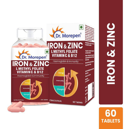 DR. MOREPEN Iron & Zinc Tablets with Vitamin C & B12 for Immunity & Hemoglobin Boost- (60 Veg Tablets)