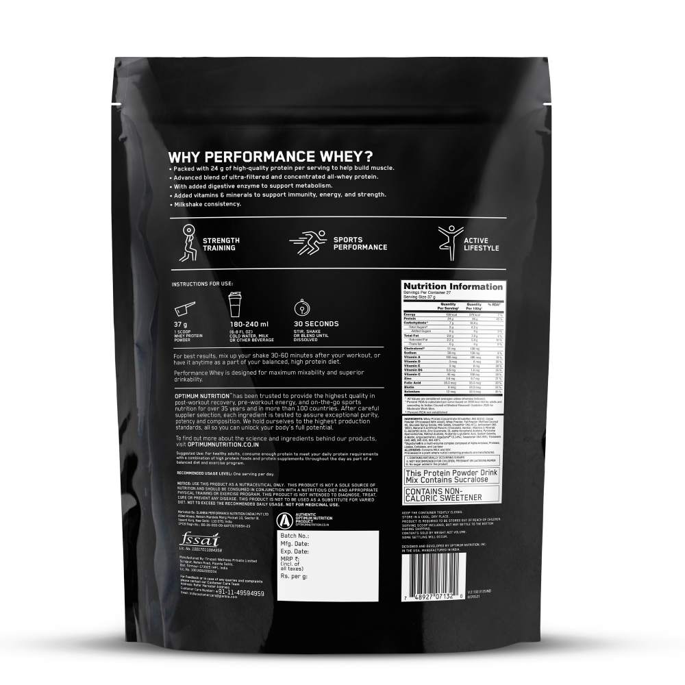 Optimum Nutrition (ON) Performance Whey Protein Powder 1Kg (Chocolate Milkshake)