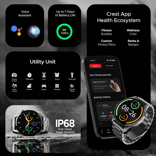 boAt Lunar Embrace w/ 1.51" (3.8 cm) AMOLED Display, BT Calling, Functional Crown, Metal-Built, 100+ Sports Mode, Animated Watch Faces, Built-in Games, Smart Watch for Men & Women (Steel Grey)