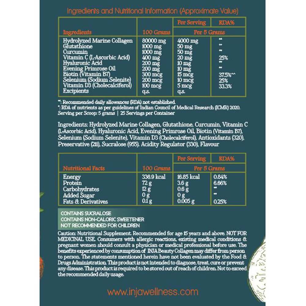 INJA Beauty Collagen for Skin, Hair & Nails, with Vitamin C, Glutathione, Biotin & More (Orange Flavour, 125 gms)