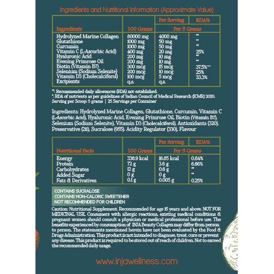 INJA Beauty Collagen for Skin, Hair & Nails, with Vitamin C, Glutathione, Biotin & More (Orange Flavour, 125 gms)