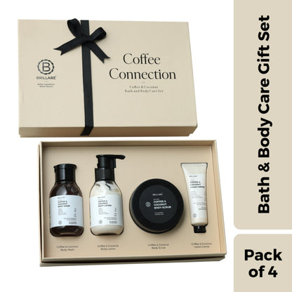 Brillare Coffee Connection Gift Box | Coffee & Coconut Body Wash, Body Lotion, Body Scrub & Hand Creme | Energizing & Nourishing Skincare For All Skin Types (Pack of 4)