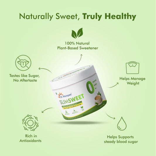 Dr. Morepen SlimSweet Natural Sugar Substitute with Stevia & Monk Fruit | Zero Calorie, Zero Sugar Sweetener | Keto-Friendly, Diabetic-Safe Sugar Alternative | 150g