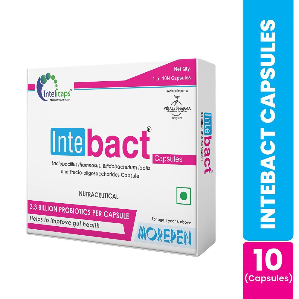 Dr. Morepen Intebact Probiotic Capsules Supplement for Gut Health (10 Veg Capsules)