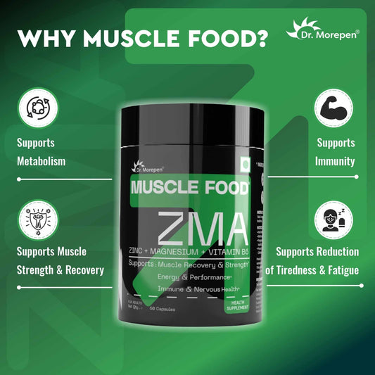Dr. Morepen Muscle Food ZMA ZINC +MAGNESIUM + VITAMIN B6 Enhance recovery, sleep, and performance with essential ZMA support- 60 Capsules