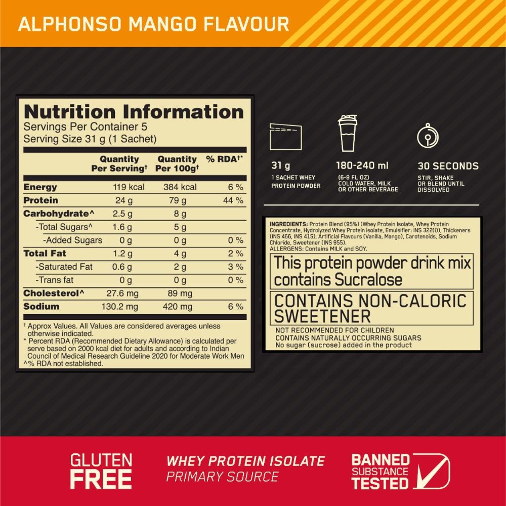Optimum Nutrition Gold Standard 100% Whey - Alphonso Mango - Single Serve Sachets- Pack of 5 (5 X 31 gms)