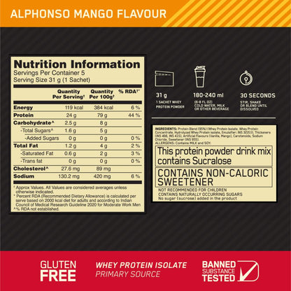 Optimum Nutrition Gold Standard 100% Whey - Alphonso Mango - Single Serve Sachets- Pack of 5 (5 X 31 gms)