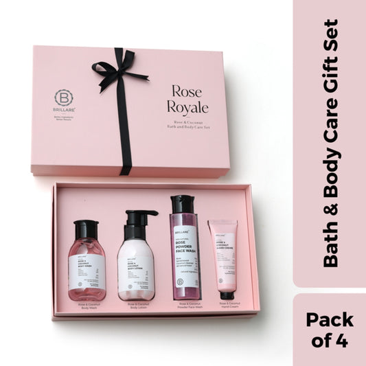 Brillare Rose Royale Gift Box | Rose & Coconut Body Wash, Body Lotion, Rose Powder Face Wash & Hand Crème | Luxurious & Nourishing Skincare For All Skin Types (Pack of 4)