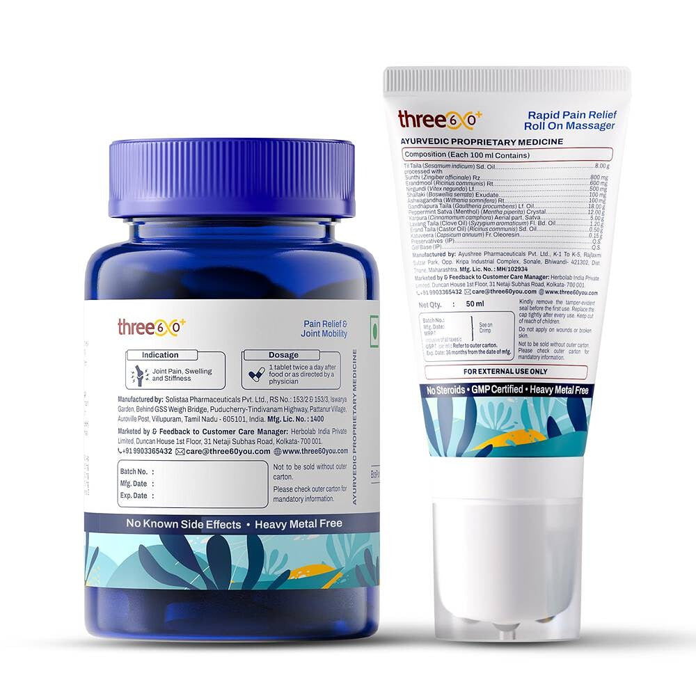 three60+ Rapid Pain Relief & Joint Mobility Combo (60 Tablets + 50ml Roll On Massager)