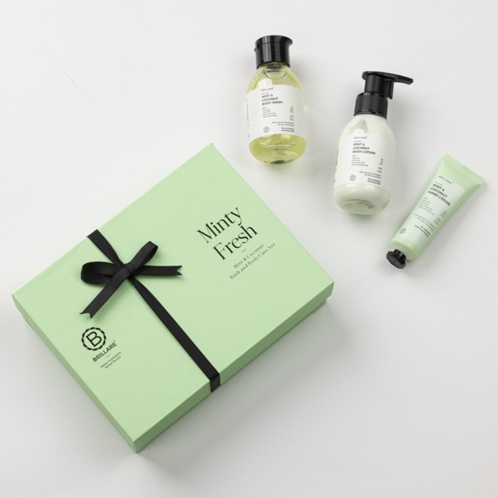 Brillare Minty Fresh Gift Box | Mint & Coconut Body Wash, Body Lotion & Hand Crème | Revitalising & Refreshing Skincare For All Skin Types (Pack of 3)