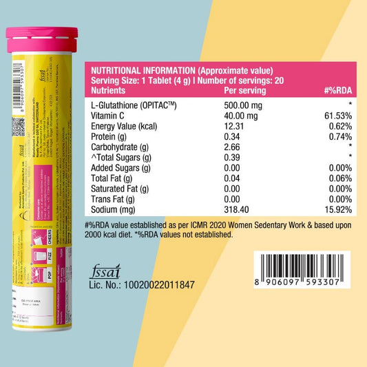 Chicnutrix Glow Japanese Glutathione & Vitamin C for Brighter Skin, Strawberry and lemon (20 tablets)