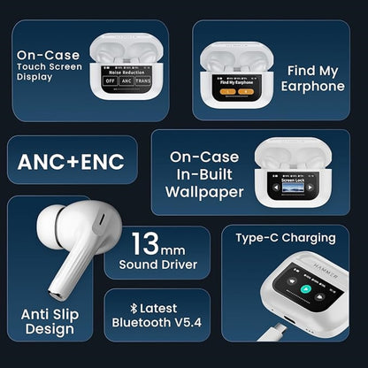 Hammer Screen TWS, ANC (32dB), Smart Touch Display, Type-C Fast Charging, Bv5.4, Find My Earbuds, 4 Mics ENC for Clear Calling (White)