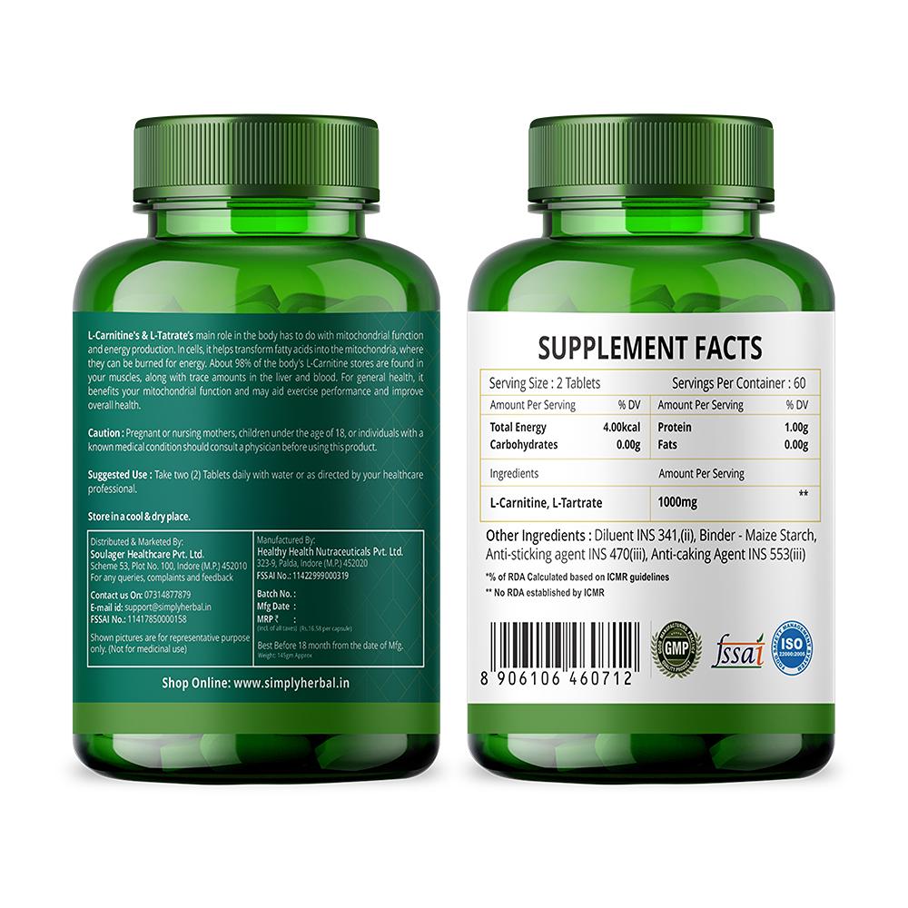 Simply Herbal L-Carnitine with L-Tartrate Tablets - 120 Tablets
