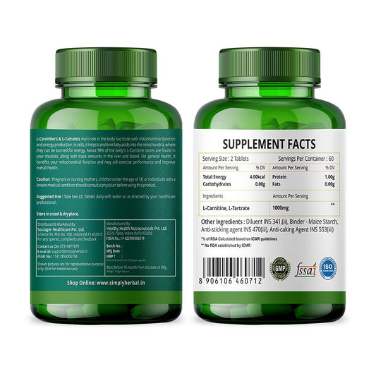 Simply Herbal L-Carnitine with L-Tartrate Tablets - 120 Tablets