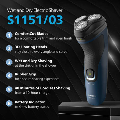 Philips S1151/03, Electric Shaver for Men, Wet and Dry Shave, 3D Floating Heads, 27 Self Sharpening Blades, Cordless, Waterproof (New Model)