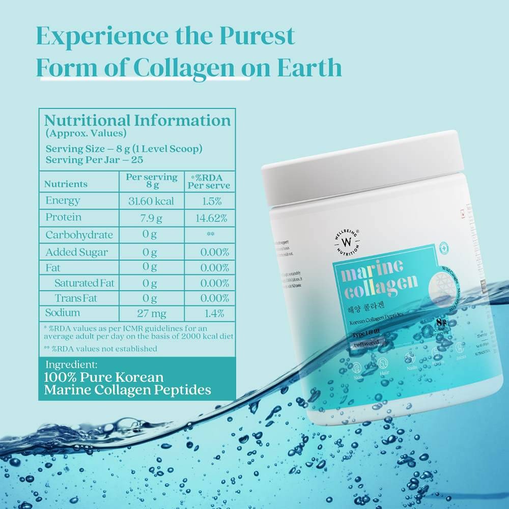 Wellbeing Nutrition Pure Korean Marine Collagen Peptides for Beauty, Bone & Joints Unflavored (200 gms)