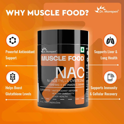 Dr. Morepen Muscle Food NAC N-ACETYL-L CYSTEINE Advanced antioxidant support for detox, immunity, and recovery- 60 Capsules