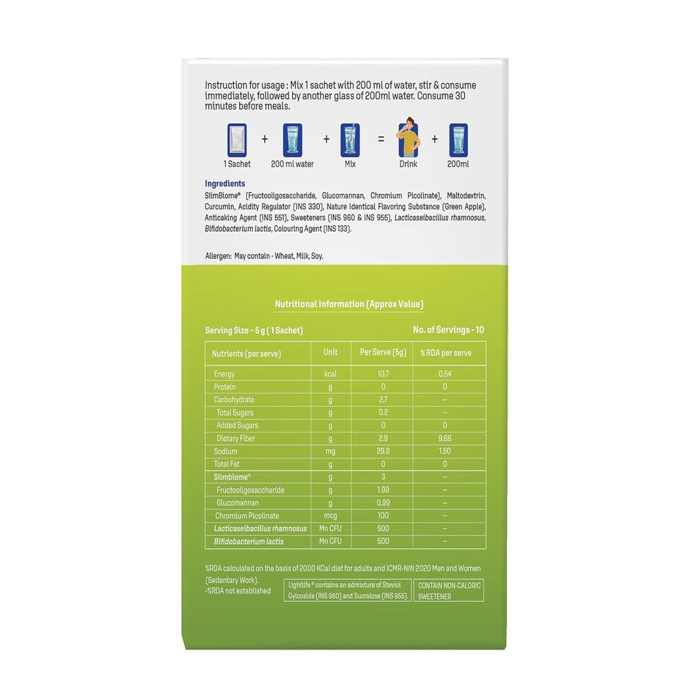 Dr. Morepen LightLife Pre-Meal Nutrition Mix | Sustainable Weight Management Support for Men & Women | Appetite Control & Metabolism Booster | 10 Sachets (5g Each) | Flavor-Green Apple