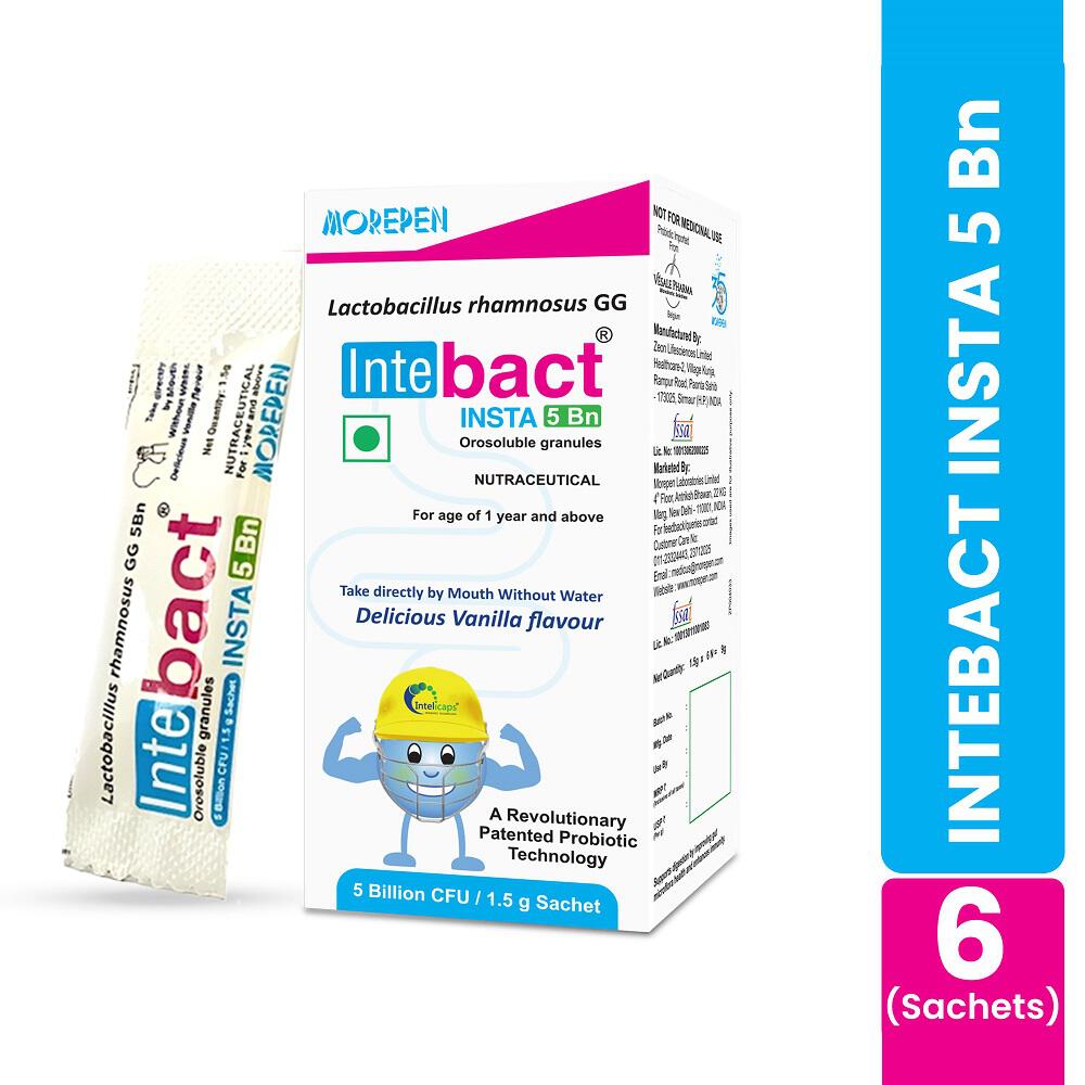 Morepen INTEBACT INSTA 5BN CFU |Probiotics Supplement for Gut Health, Vanilla flavor- (6 Sachets)