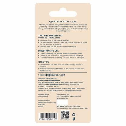 GUBB Trio Mini Tweezer Set For Easy & Precise Plucking of Unwanted Hair - Slant Tweezer, Flat Tweezer & Pointed Tweezer - Multiple Usage - Upple Lips, Eyebrows, Forehead or Chin Hair