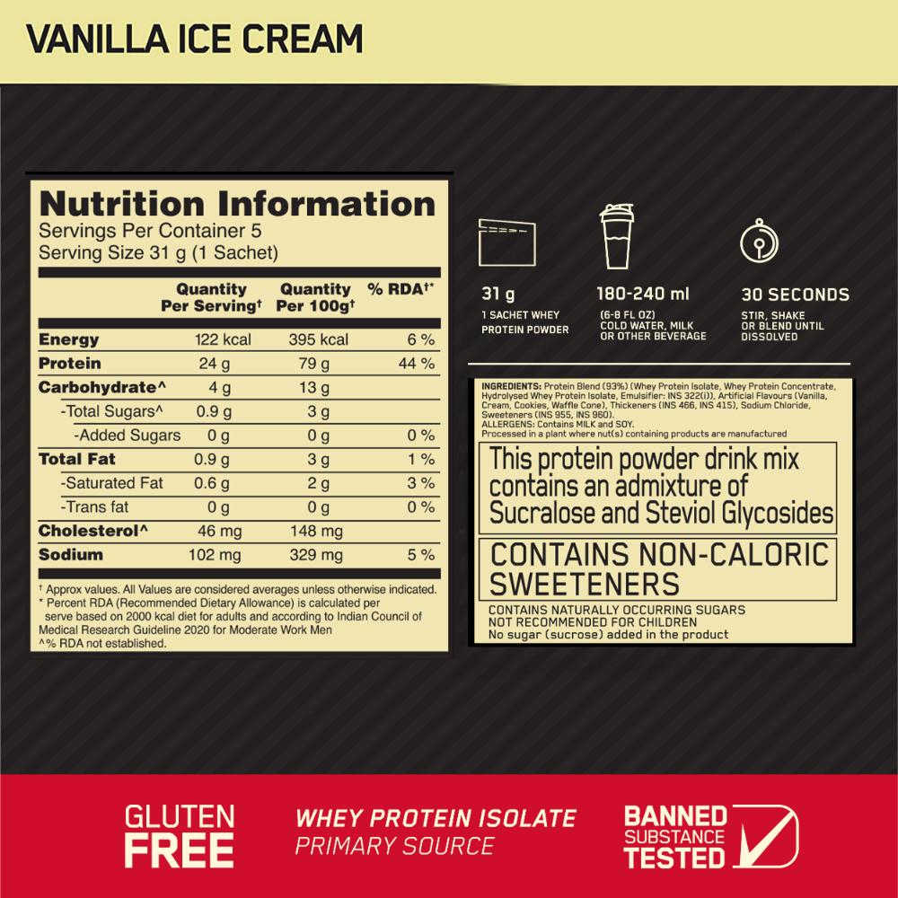Optimum Nutrition Gold Standard 100% Whey - Vanilla Ice Cream -  Single Serve Sachets- Pack of 5 (5 X 31 gms)