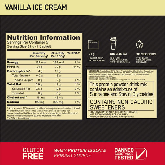 Optimum Nutrition Gold Standard 100% Whey - Vanilla Ice Cream -  Single Serve Sachets- Pack of 5 (5 X 31 gms)