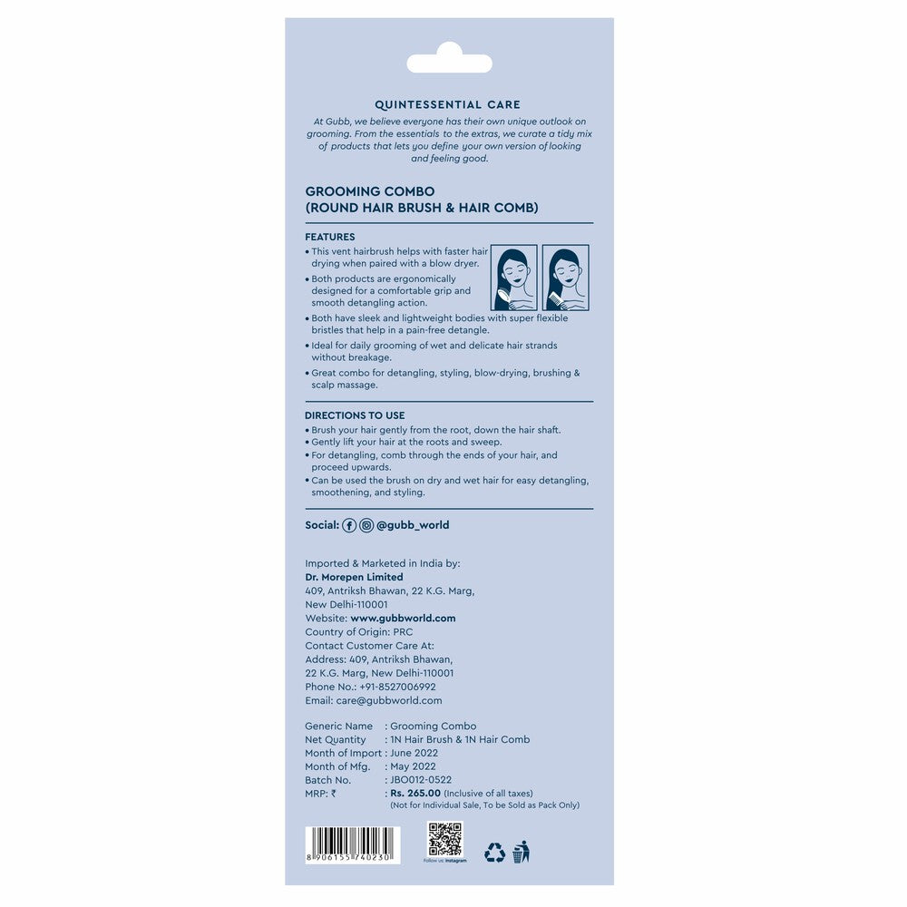 GUBB Grooming Stylish Combo of Round Rolling Curling Roller Comb Hair Brush & Half Coarse and Half Fine General Grooming Comb (Blue)