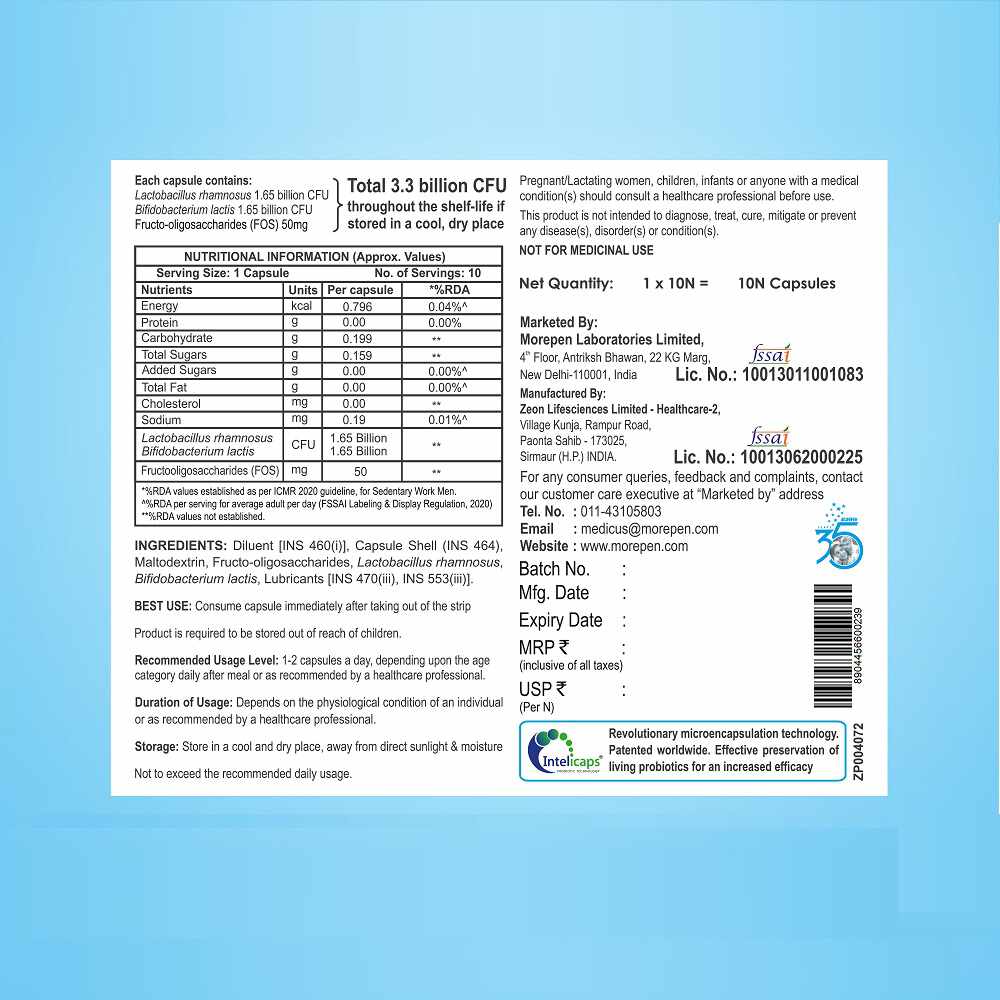 Dr. Morepen Intebact Probiotic Capsules Supplement for Gut Health (10 Veg Capsules)