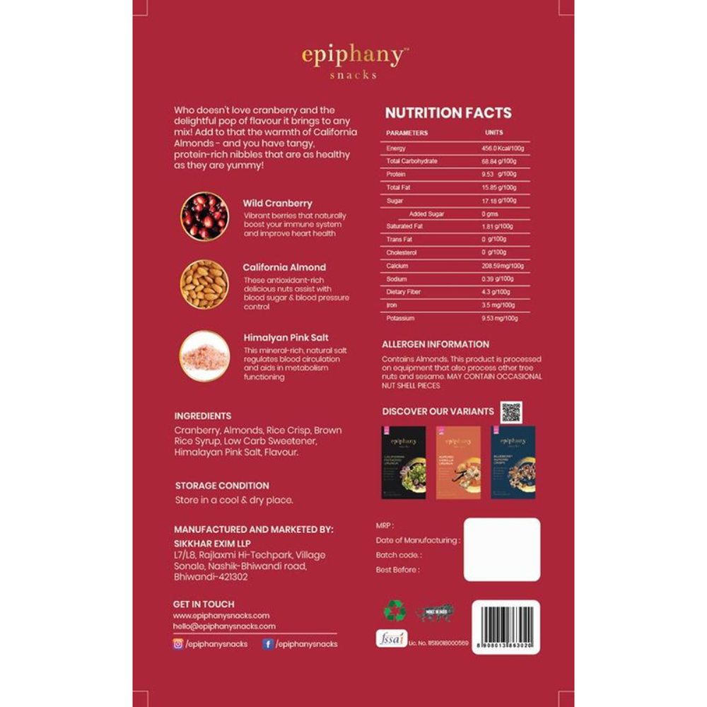 Epiphany Snacks Cranberry Almond Energy Bar Dry Fruit (85 gms)