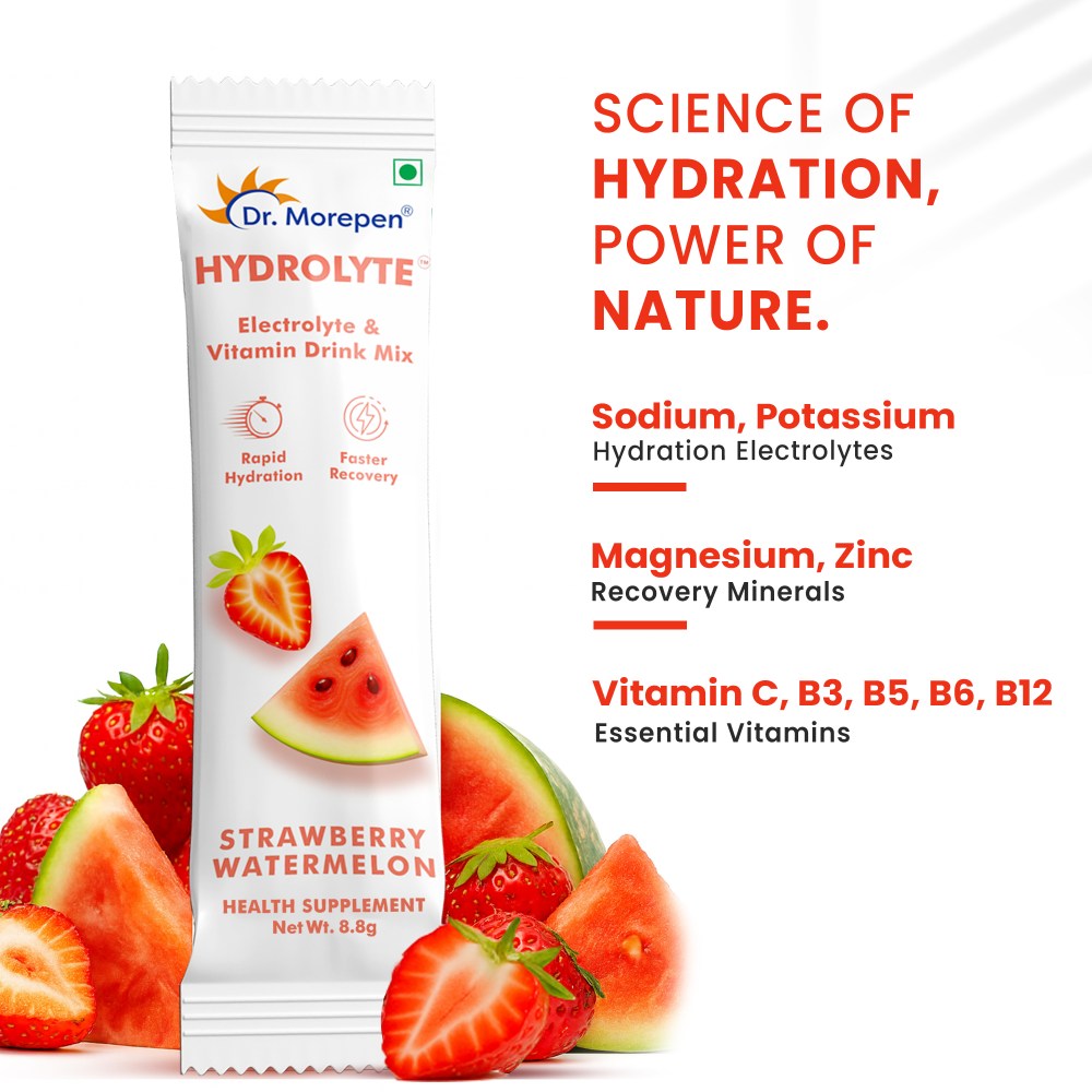 Dr. Morepen Hydrolyte Electrolyte & Vitamin Drink Mix for Rapid Hydration & Faster Recovery, Strawberry Watermelon Flavour  10 Sachets (8.8g Each)