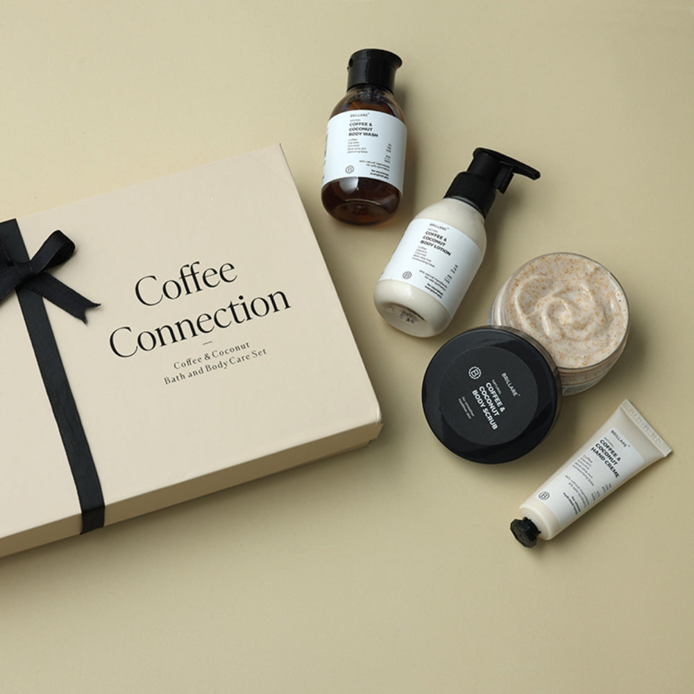 Brillare Coffee Connection Gift Box | Coffee & Coconut Body Wash, Body Lotion, Body Scrub & Hand Creme | Energizing & Nourishing Skincare For All Skin Types (Pack of 4)