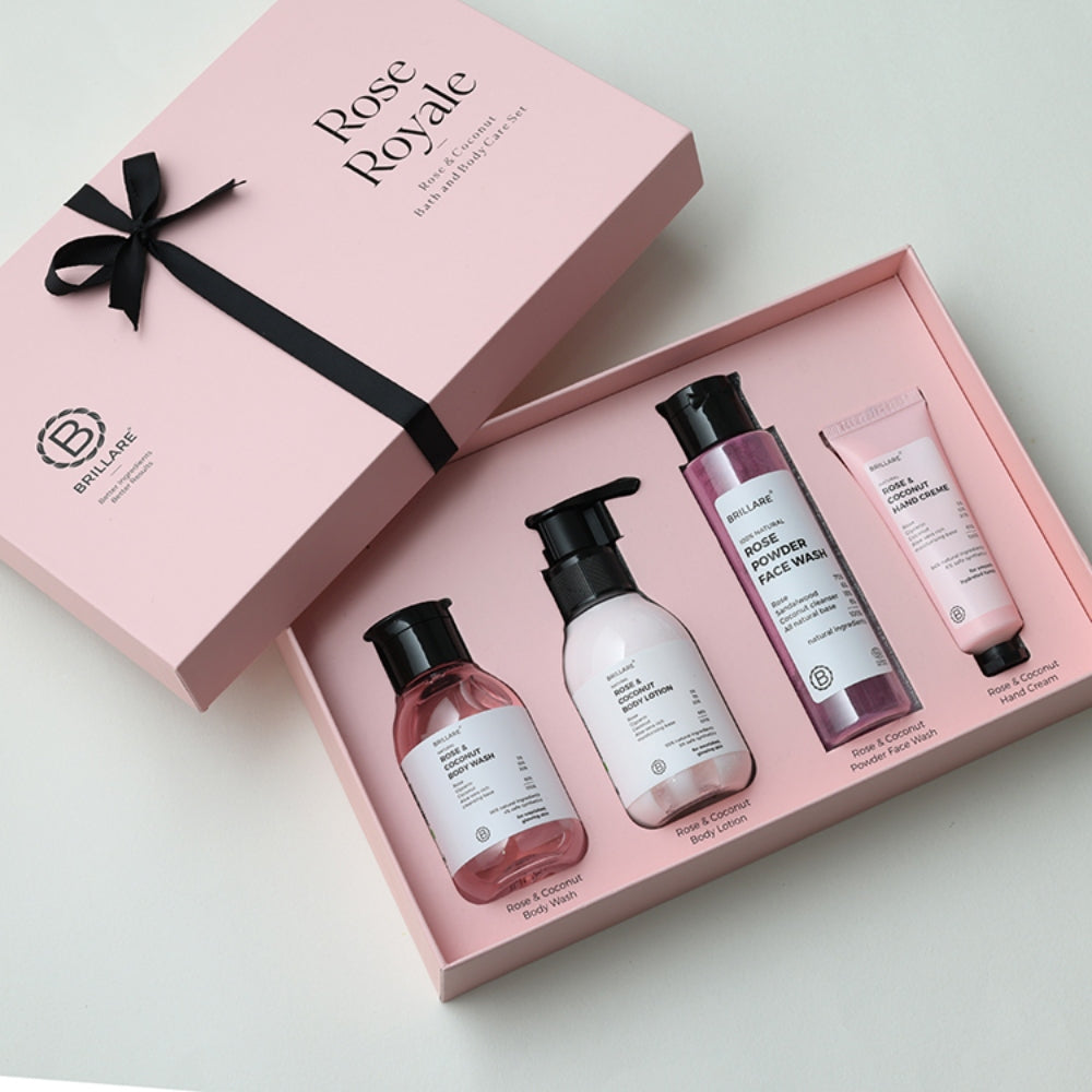 Brillare Rose Royale Gift Box | Rose & Coconut Body Wash, Body Lotion, Rose Powder Face Wash & Hand Crème | Luxurious & Nourishing Skincare For All Skin Types (Pack of 4)