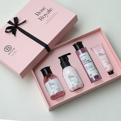 Brillare Rose Royale Gift Box | Rose & Coconut Body Wash, Body Lotion, Rose Powder Face Wash & Hand Crème | Luxurious & Nourishing Skincare For All Skin Types (Pack of 4)