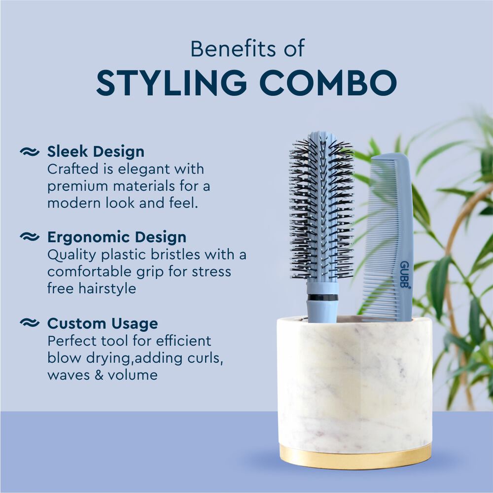 GUBB Grooming Stylish Combo of Round Rolling Curling Roller Comb Hair Brush & Half Coarse and Half Fine General Grooming Comb (Blue)