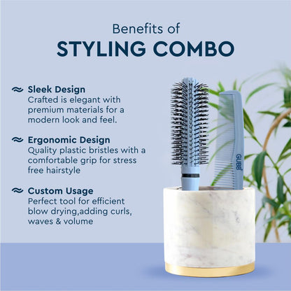 GUBB Grooming Stylish Combo of Round Rolling Curling Roller Comb Hair Brush & Half Coarse and Half Fine General Grooming Comb (Blue)