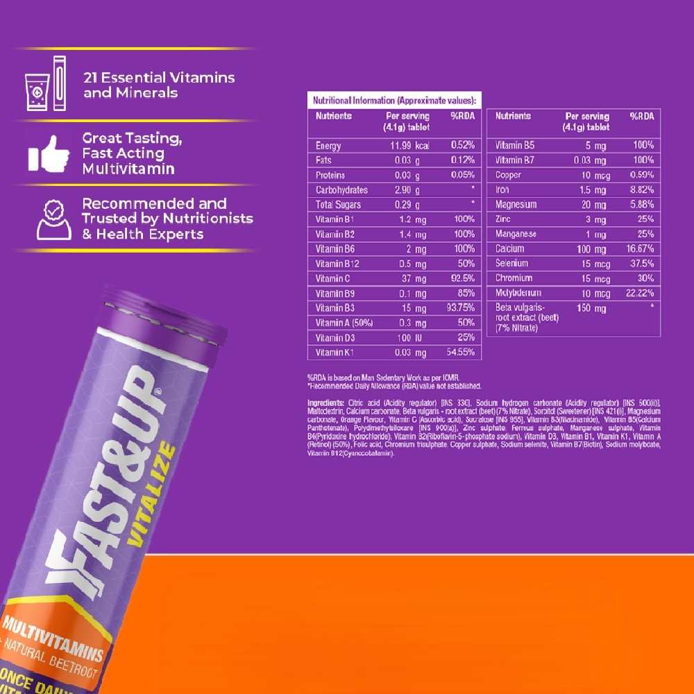 Fast&Up Vitalize Multivitamins & Natural Beetroot for Nutrition, Orange( 20 Tablet)