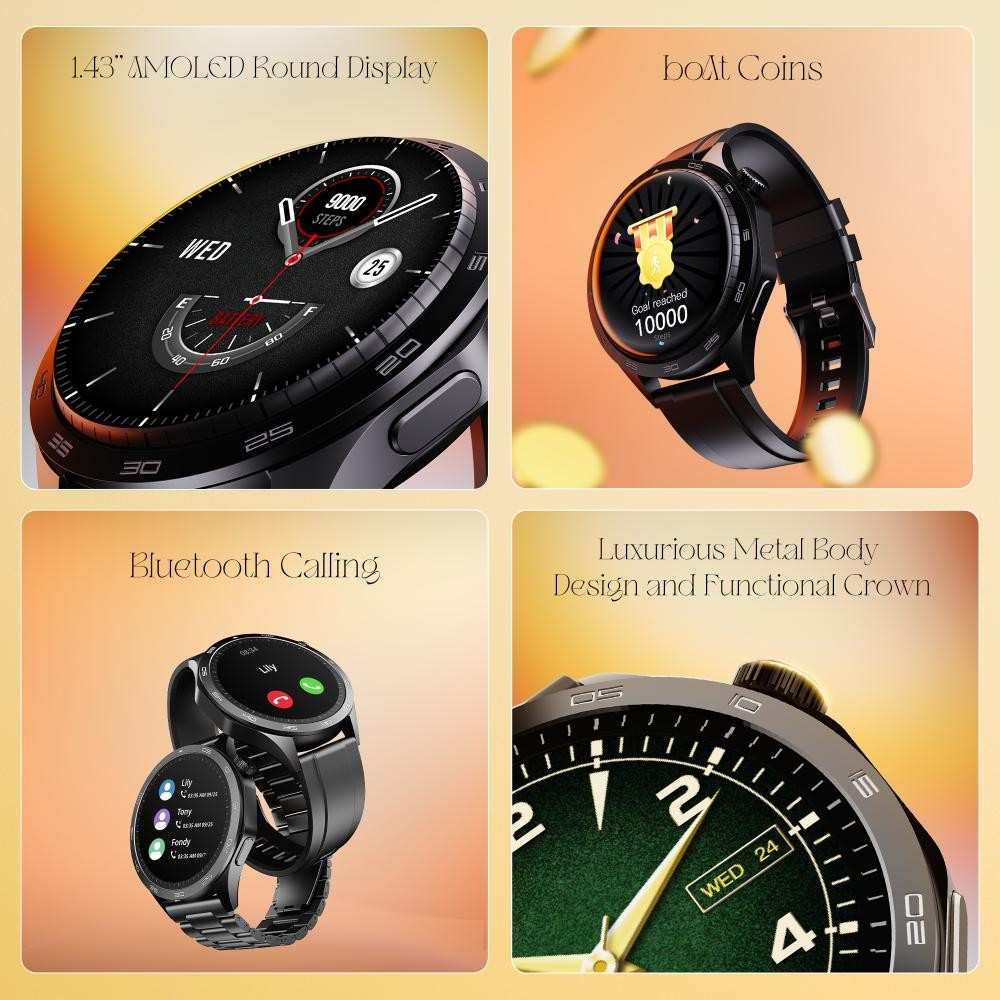 boAt Enigma Radiant Men's Luxury Watch w/Functional Crown,Bluetooth Calling, Upto 6 Days Battery, Sports Modes, Guided Breathing, 1.43"(3.63 cm) AMOLED Display Fitness Smart Watch (Active Black)