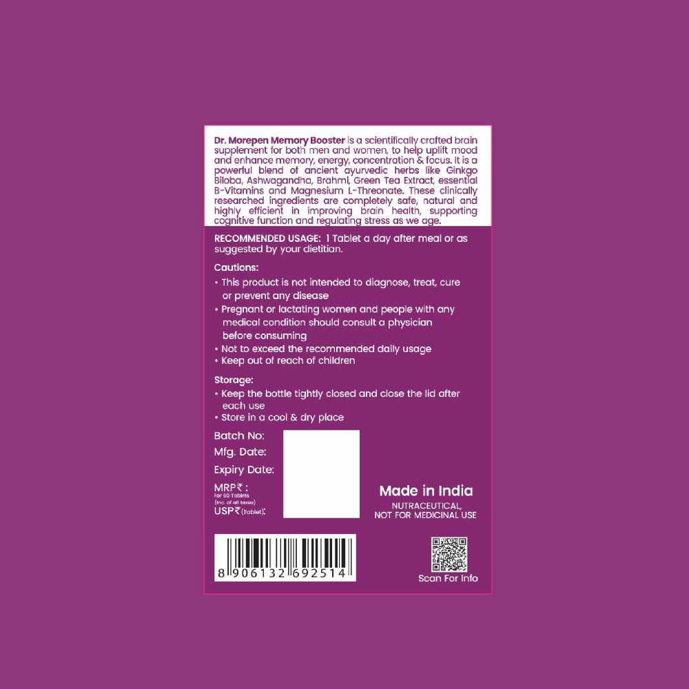 Dr. Morepen Memory Booster Tablets With  Ginko Biloba Ashwagandha & Brahmi (60 Veg Tablets)