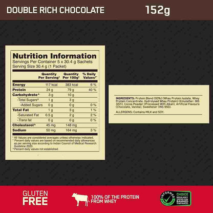 Optimum Nutrition (ON) Gold Standard 100% Whey Protein Powder, Single Serve Sachets - Double Rich Chocolate - (152 gms)