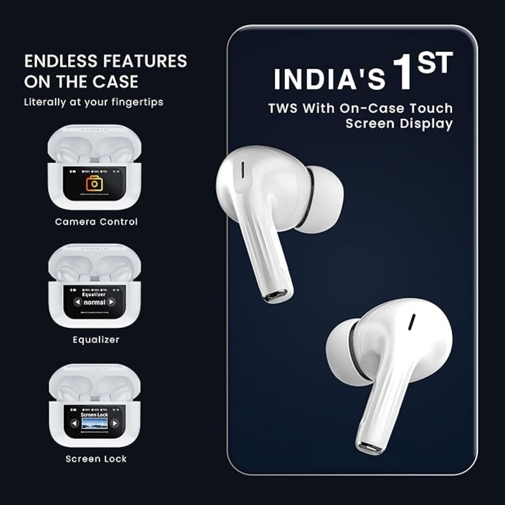 Hammer Screen TWS, ANC (32dB), Smart Touch Display, Type-C Fast Charging, Bv5.4, Find My Earbuds, 4 Mics ENC for Clear Calling (White)