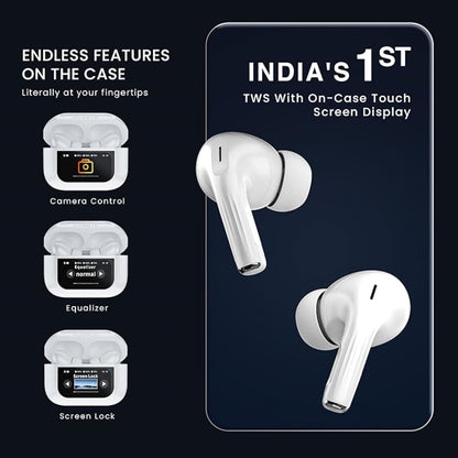 Hammer Screen TWS, ANC (32dB), Smart Touch Display, Type-C Fast Charging, Bv5.4, Find My Earbuds, 4 Mics ENC for Clear Calling (White)