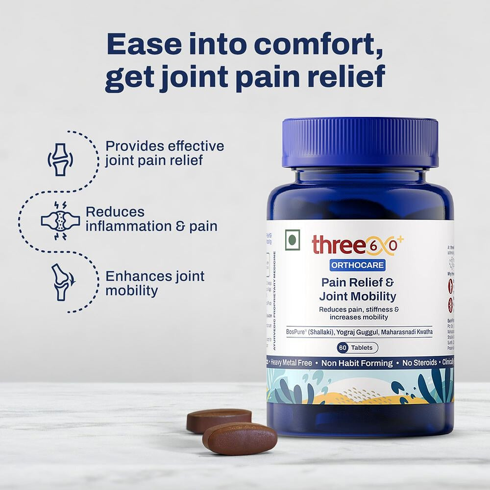 three60+ Rapid Pain Relief & Joint Mobility Combo (60 Tablets + 50ml Roll On Massager)