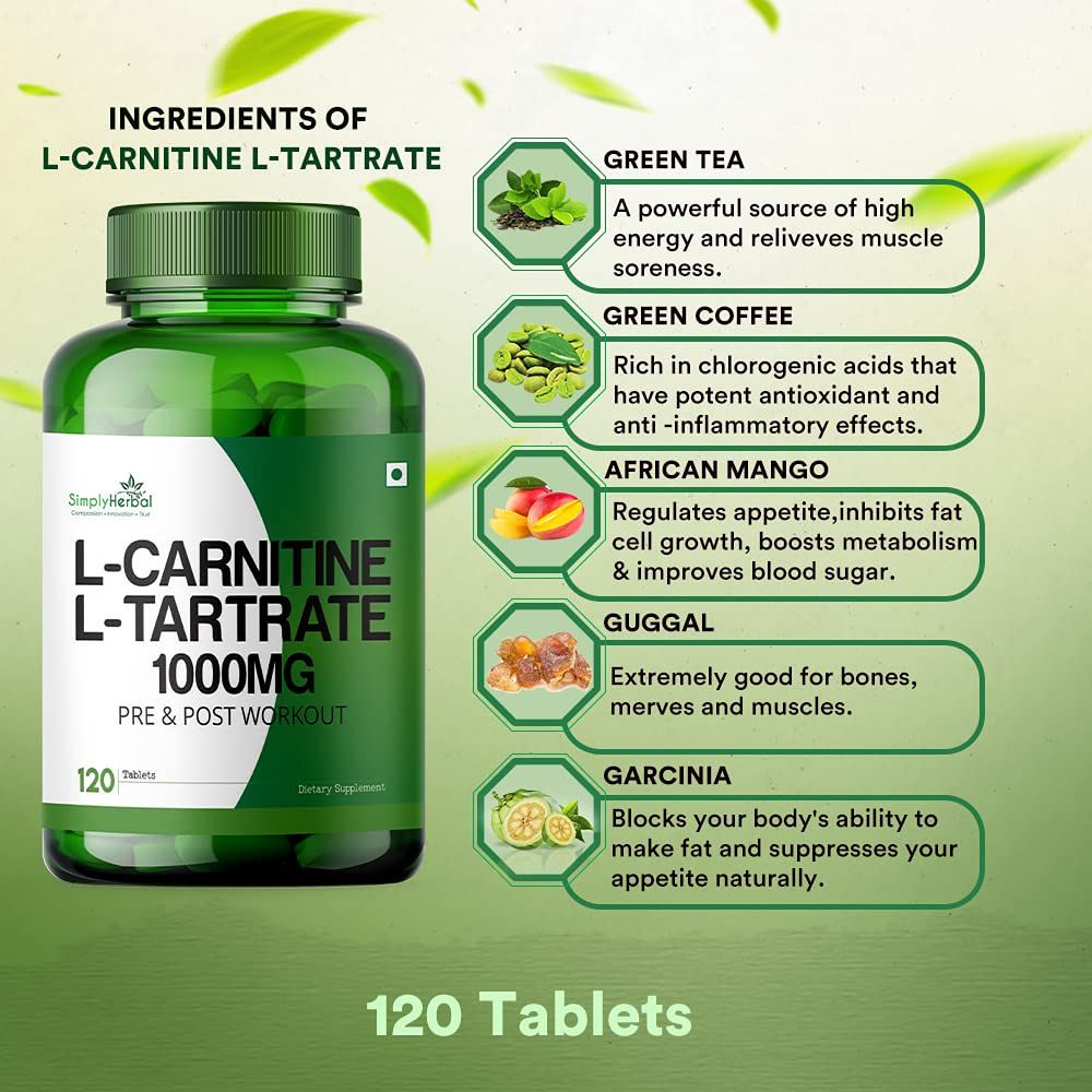 Simply Herbal L-Carnitine with L-Tartrate Tablets - 120 Tablets